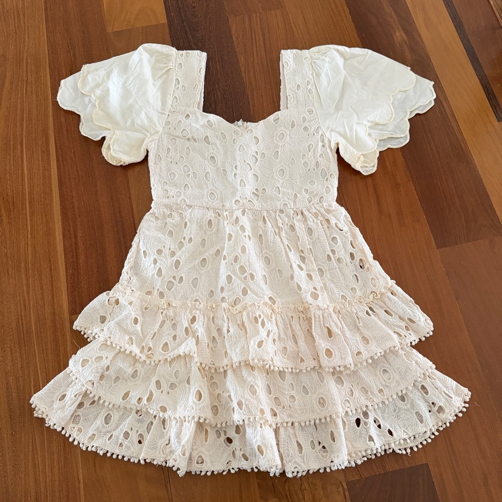 Versona Cream Eyelet Tiered Dress with Scalloped Puff Sleeves - Picture 1 of 4